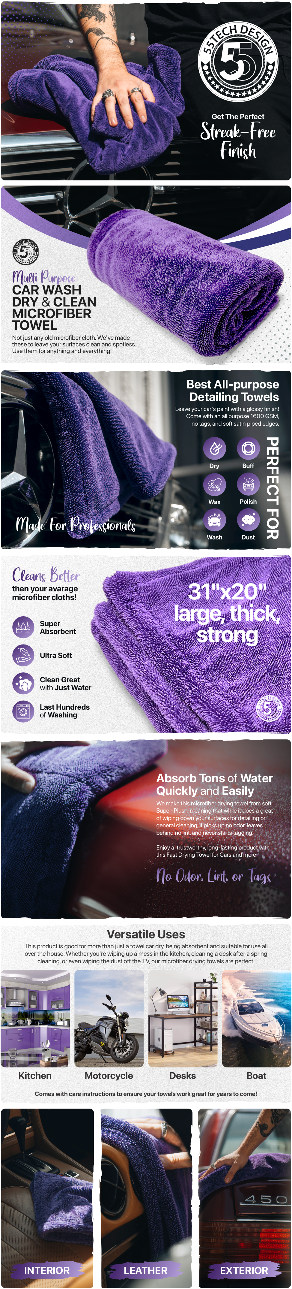 55tech Fast-Drying Microfiber Car Wash Towel, Twist-Loop Pile, Superior Absorbency for Cars, Trucks, SUVs and Boats