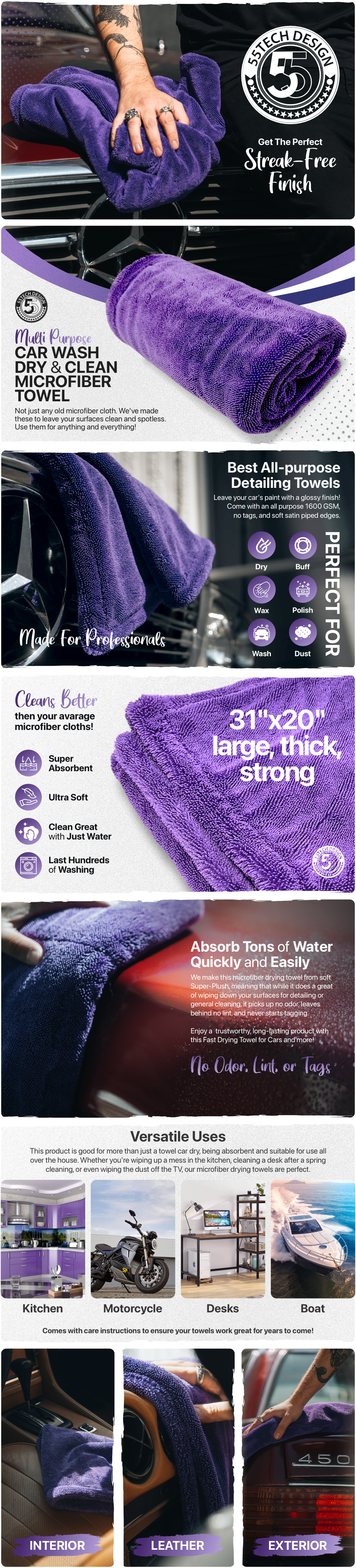 55tech Fast Drying Towels for Car Wash Dry & Clean Microfiber