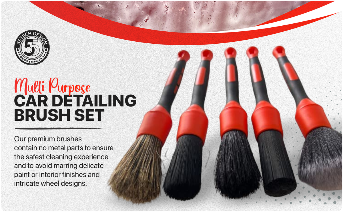 55tech Car Detailing Brush Set, 5-Pack Soft to Firm Brushes for Interior, Exterior, Dashboard, Wheels, Air Vents and Seats